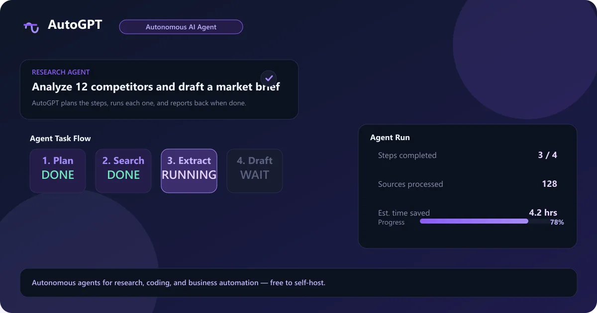 AutoGPT interface showing autonomous AI agent completing a research task
