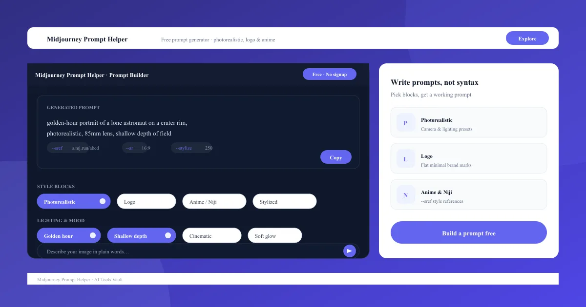 Midjourney prompt helper interface showing AI-generated photorealistic prompt suggestions