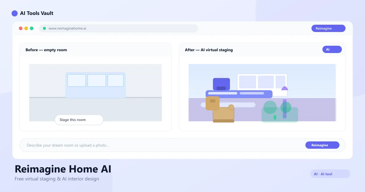 REimagine Home AI interface showing virtual room staging and interior design makeover