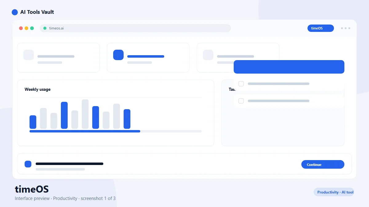 timeOS AI productivity and time management tool showing meeting notes, action items, and instant briefs dashboard